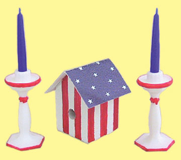 Dollhouse Miniature Birdhouse & Candlesticks Red/White/Blue